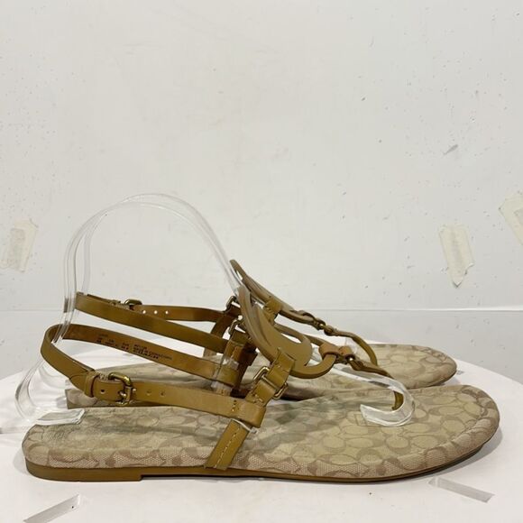 Coach‎ Jeri Logo Genuine Leather Sandals Flats Thong Strappy Tan Women 9B - Picture 4 of 9